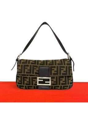 Fendi Vintage Mamma Bucket Zucca FF Pattern Canvas Leather Handbag Brown Black